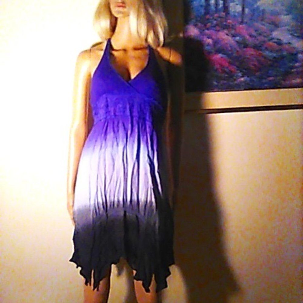 Dress My Choice Small Halter Tie Dye Ombre Purple/Black Embroidery BOHO Hippy